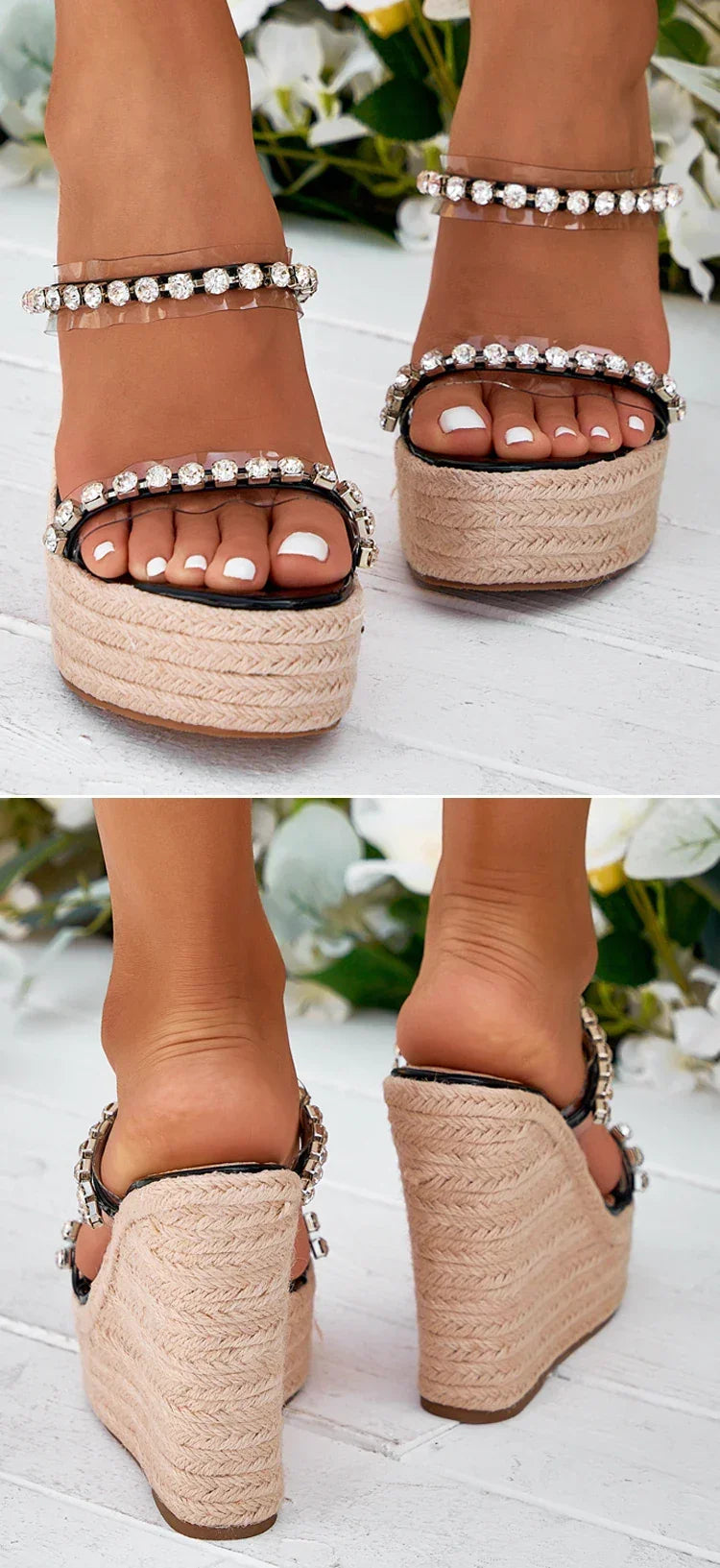 Crystal Wedge Slide Sandals – Elegant PU Platform Mules - Piña Colada