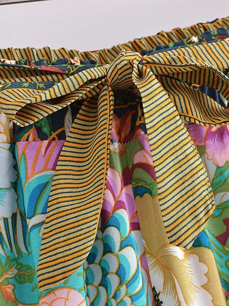 Peacock Floral Print Bohemian Wide Leg Pants - Piña Colada