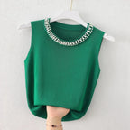 Beaded Knit Crop Tank Top – Casual Stretch Fit - Piña Colada