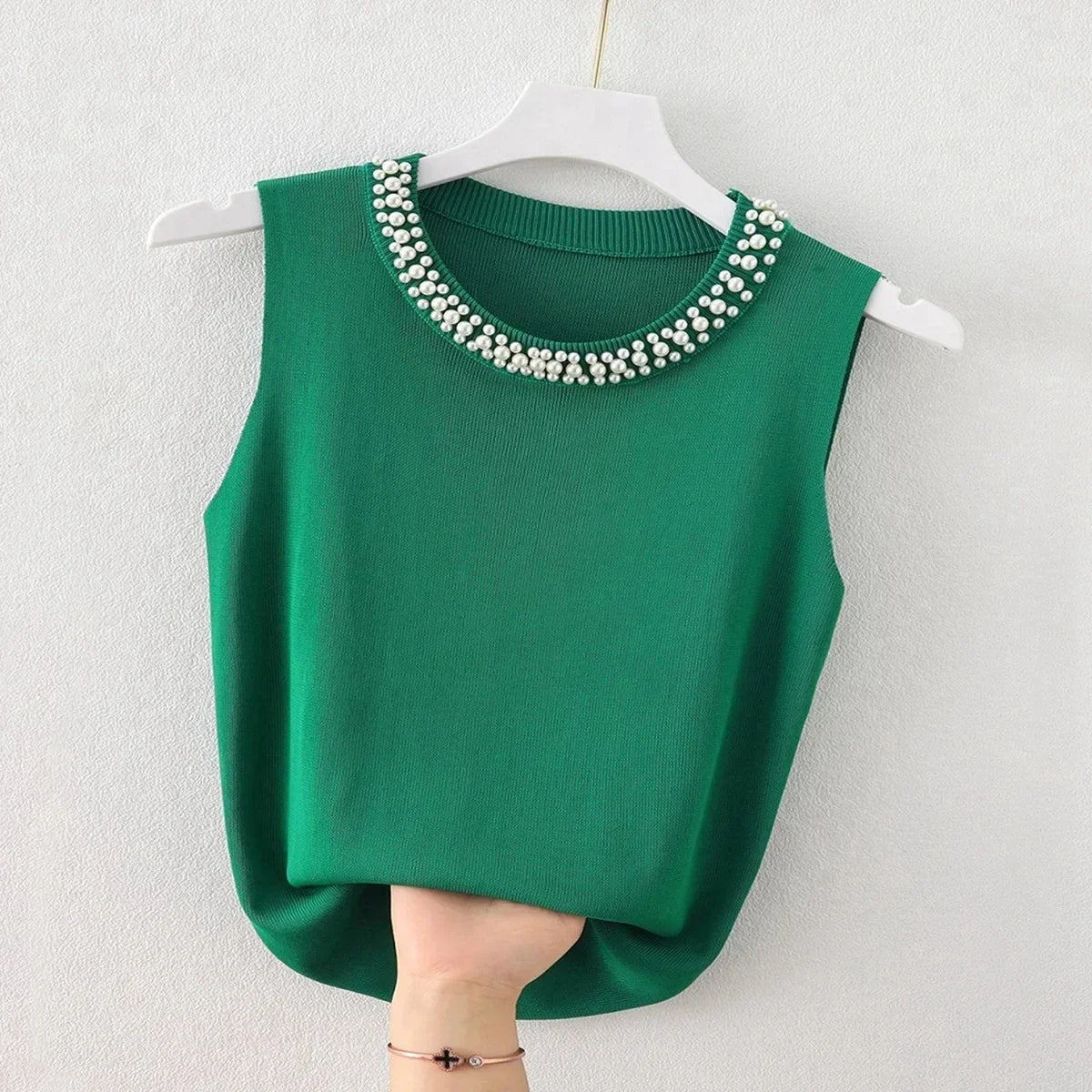 Beaded Knit Crop Tank Top – Casual Stretch Fit - Piña Colada
