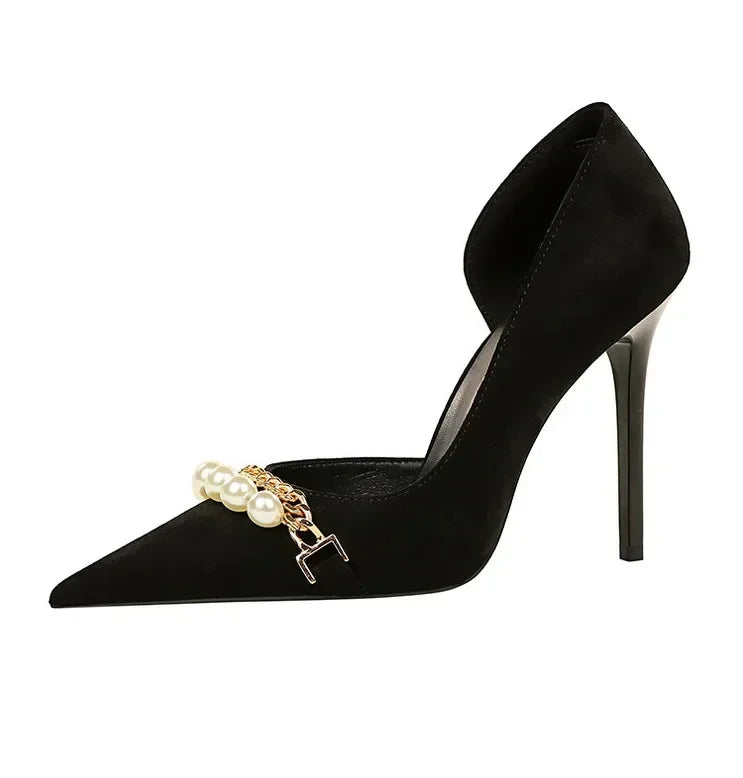 Pointed Toe Pearl Metal Chain Side Chain Pumps - Piña Colada