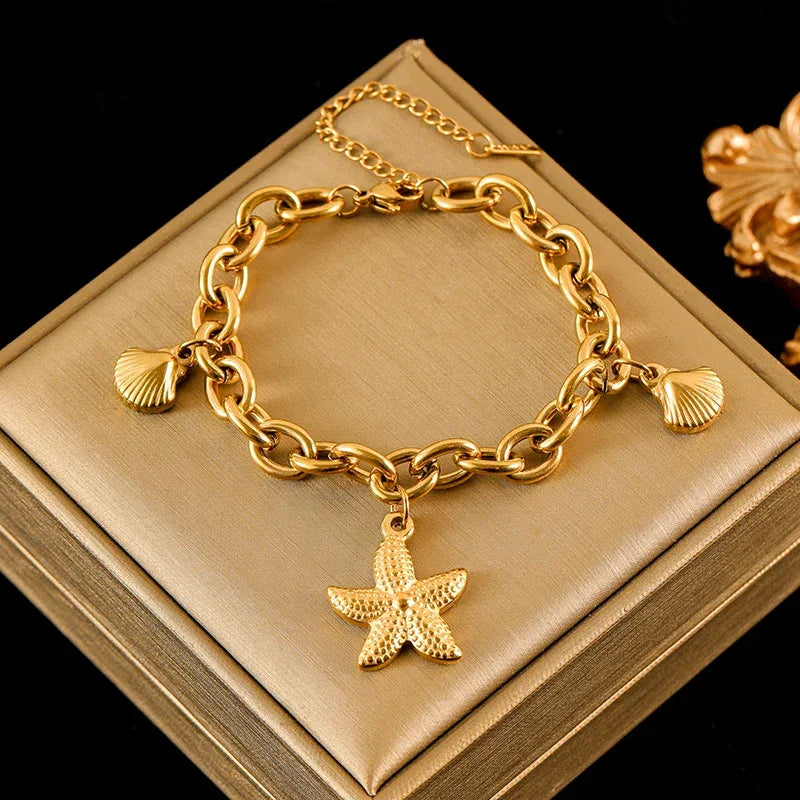 Stainless Steel Starfish & Moon Charm Bracelet - Piña Colada