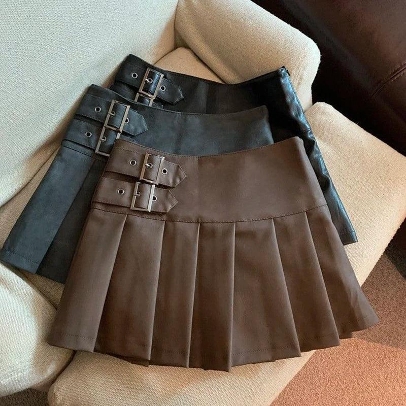 Leather Mini Skirts High Waist Pleated - Piña Colada