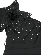 New One Shoulder Beaded Floral Decorate with Belt Black Jumpsuits - Piña Colada