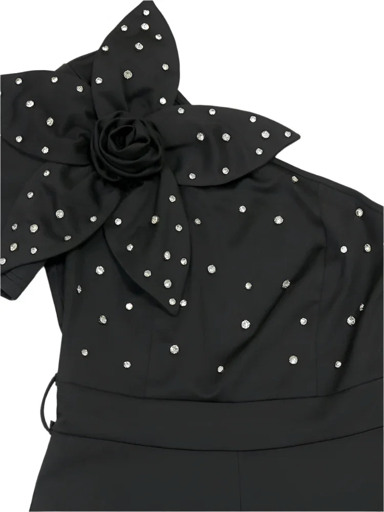 New One Shoulder Beaded Floral Decorate with Belt Black Jumpsuits - Piña Colada