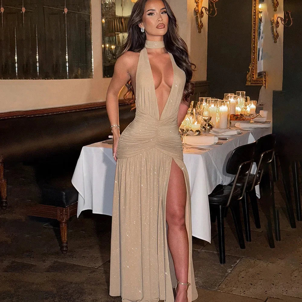 Halter Backless Silk V-neck Dress - Piña Colada