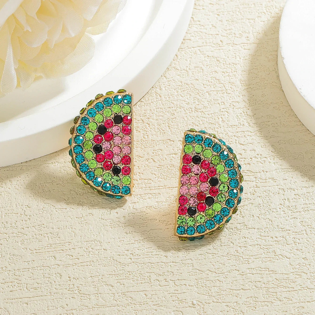 Boho Fruit Stud Earrings – Rhinestone Beaded Watermelon, Cherry, Lemon & Peach Summer Jewelry - Piña Colada