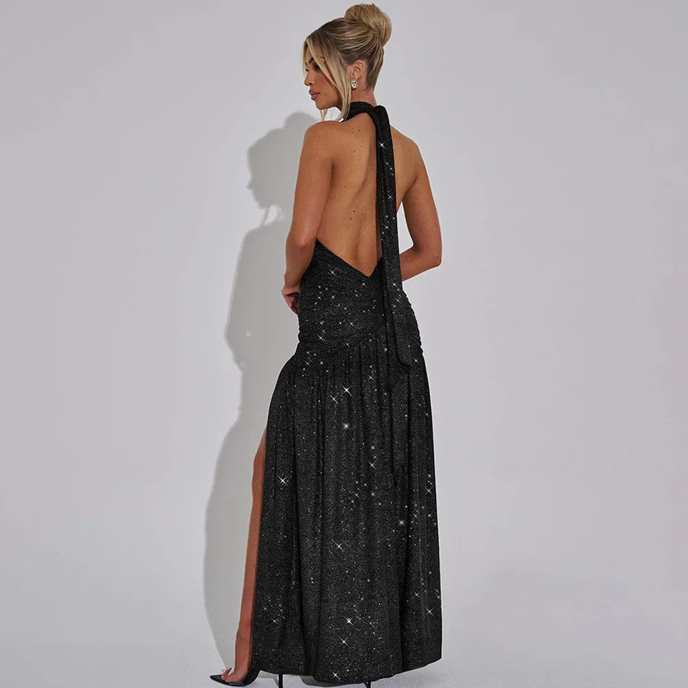 Halter Backless Silk V-neck Dress - Piña Colada