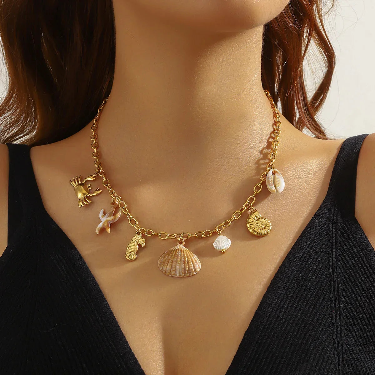 Stainless Steel Crab Seahorse Conch Necklace - Piña Colada