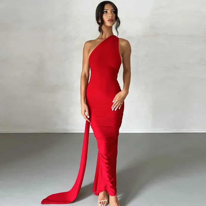One Shoulder Backless Adjustable Scarf Maxi Dress - Piña Colada