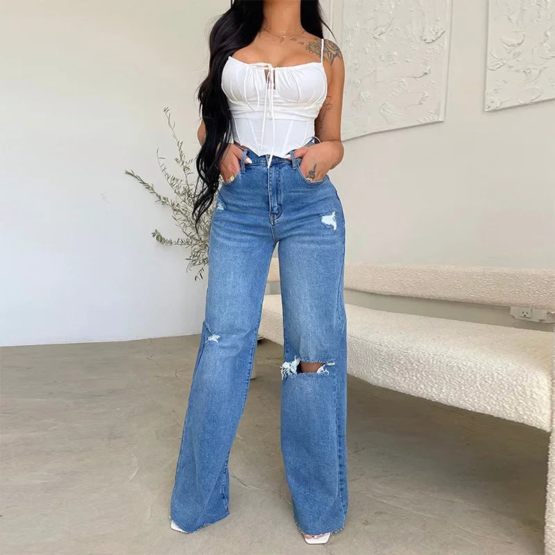 High Waist Coated Wide Leg Jeans – Street Style Elegance - Piña Colada