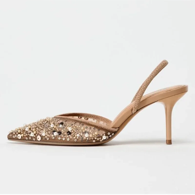 Bling String Bead Mesh High Heels - Piña Colada