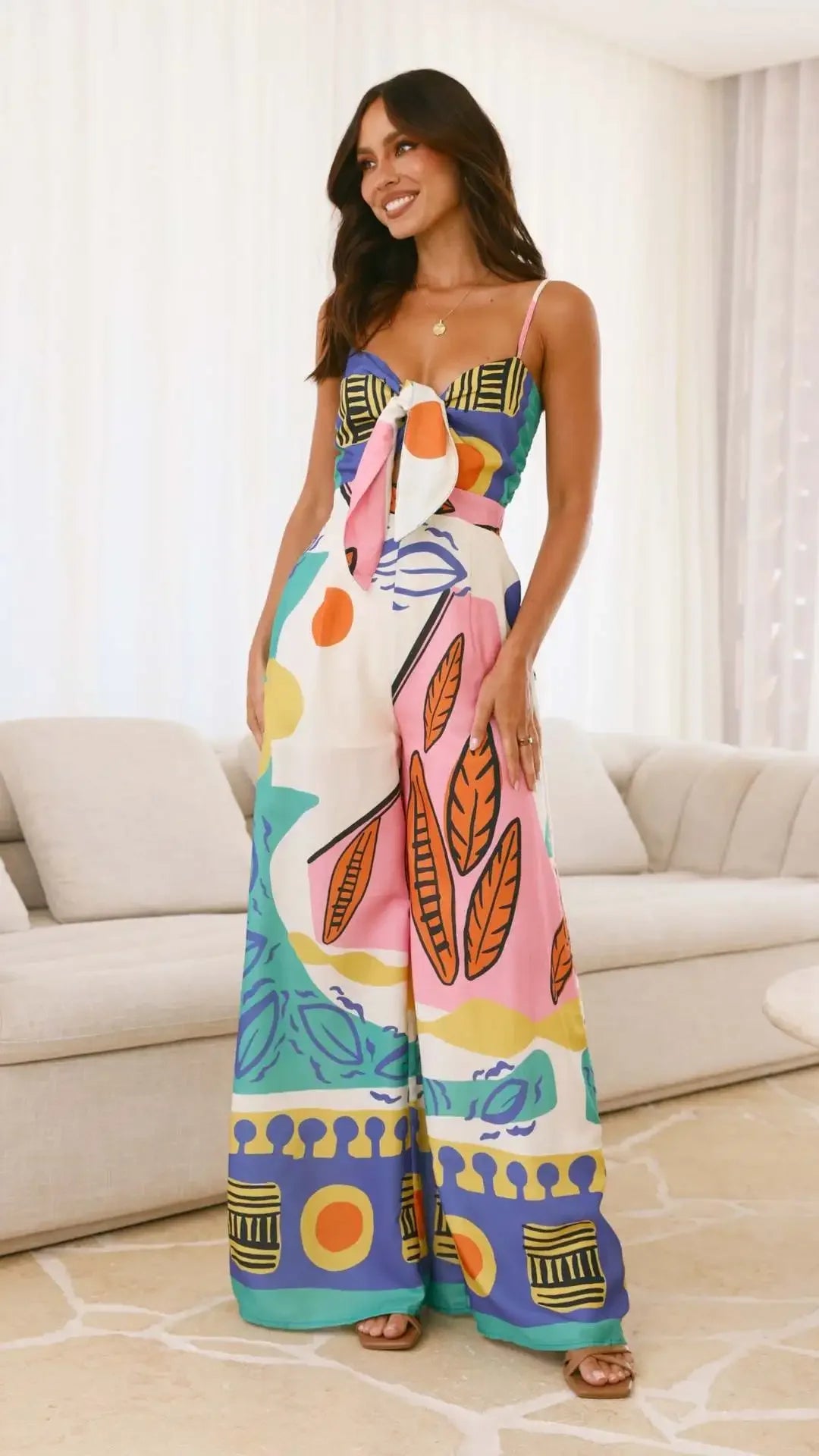 Boho Print Spaghetti Strap Jumpsuit - Piña Colada