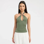 Women'S Solid Color Hanging Neck Tie Hollow Out Metal Ring Strapless - Piña Colada