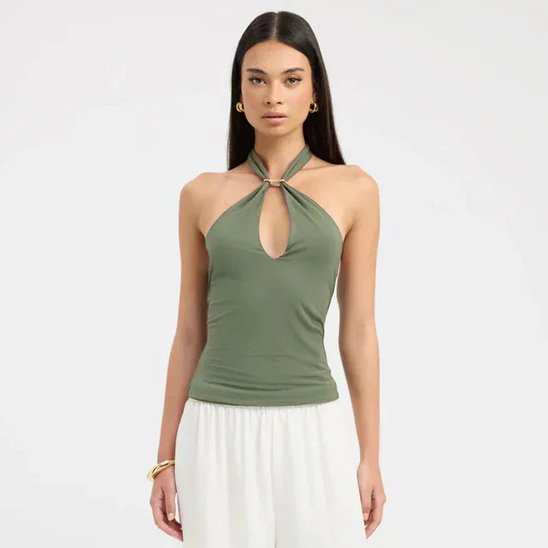 Women'S Solid Color Hanging Neck Tie Hollow Out Metal Ring Strapless - Piña Colada