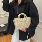 Boho Rattan Half-Moon Crossbody Bag – Handwoven Summer Straw Shoulder Purse - Piña Colada