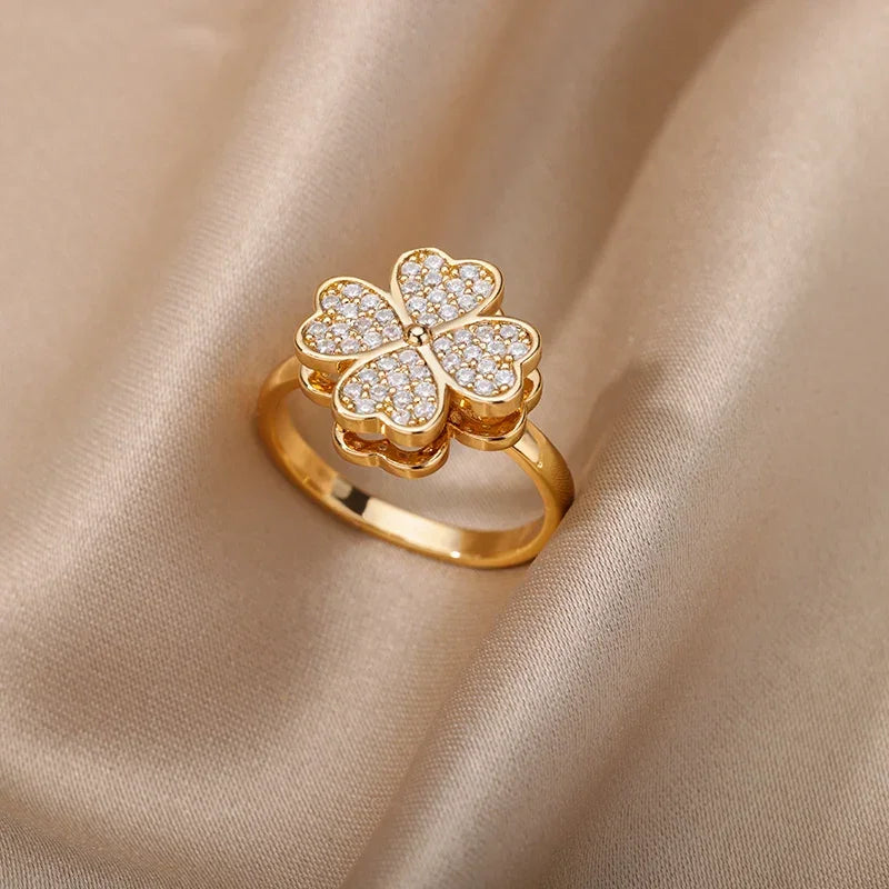 Spinner Zircon Heart Four Leaf Clover Rings - Piña Colada