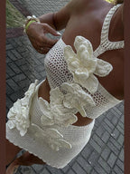 3D Floral Knit Halter Mini Dress – Backless & Sexy for Summer - Piña Colada