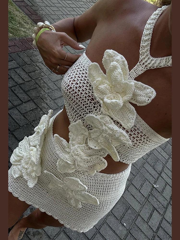 3D Floral Knit Halter Mini Dress – Backless & Sexy for Summer - Piña Colada