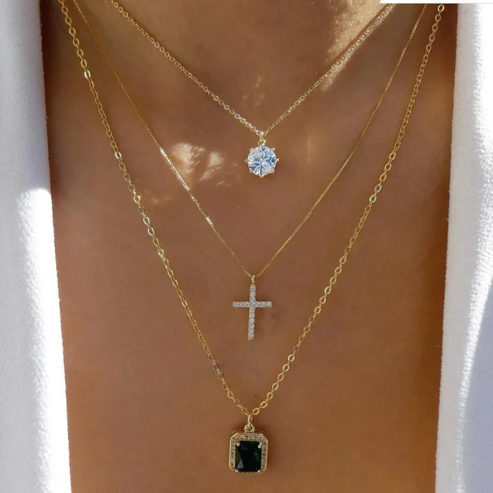 Boho Multi-Layer Gold Crystal Pendant Necklace Set - Piña Colada