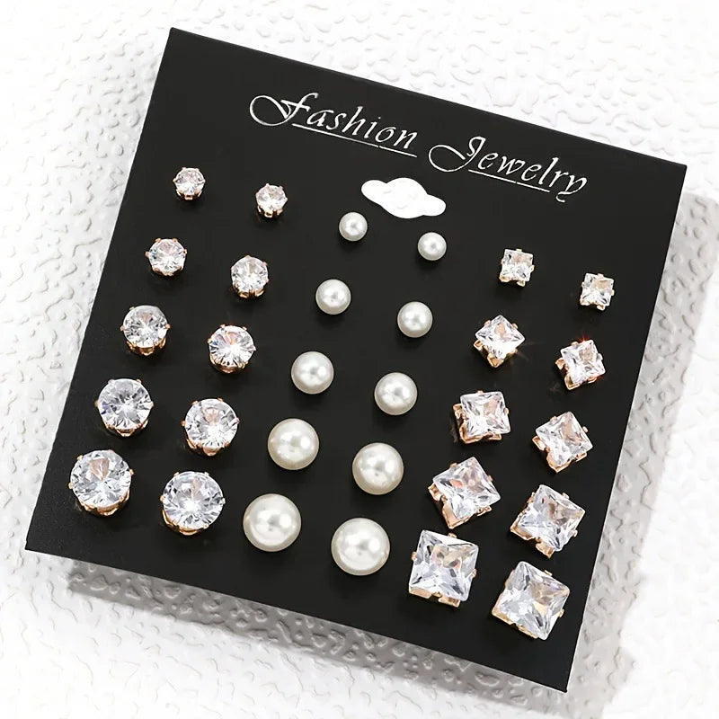 30PCS Retro Pearl & Crystal Zircon Earrings Set - Piña Colada