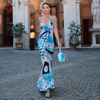 Chic Print Sling Long Dress Women Sleevless Backless - Piña Colada