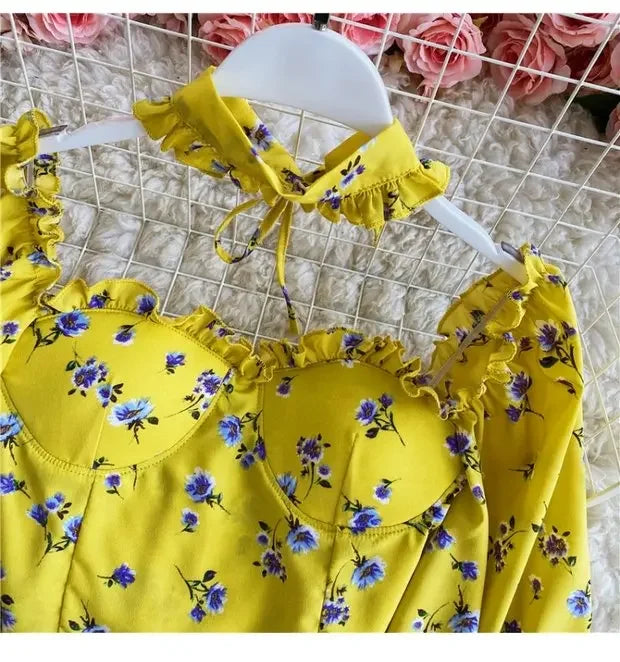 Floral Print Chiffon Top High Waist - Piña Colada