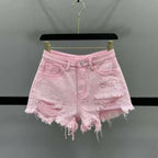 High Waist Polka Dot Denim Shorts - Piña Colada