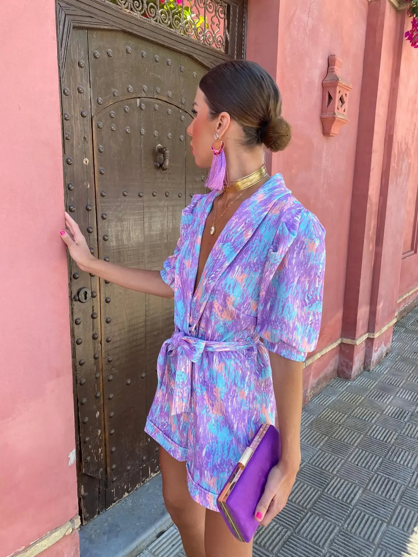 Printed Casual Trendy V-neck Puff Sleeve Elastic Waist Jumpsuits - Piña Colada