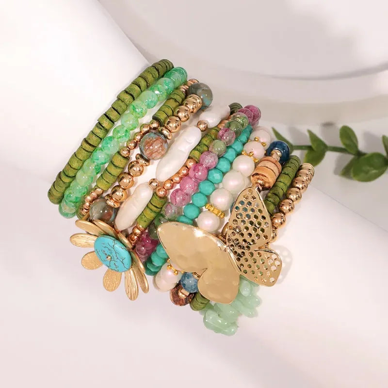 Statement Boho Beads Bracelet with Flower - Piña Colada