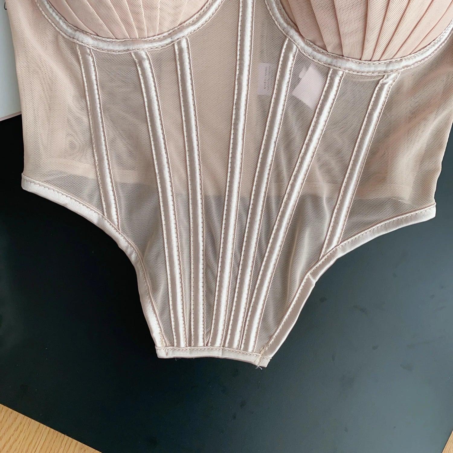 Fashion Solid Corset Strap Sheer Mesh - Piña Colada