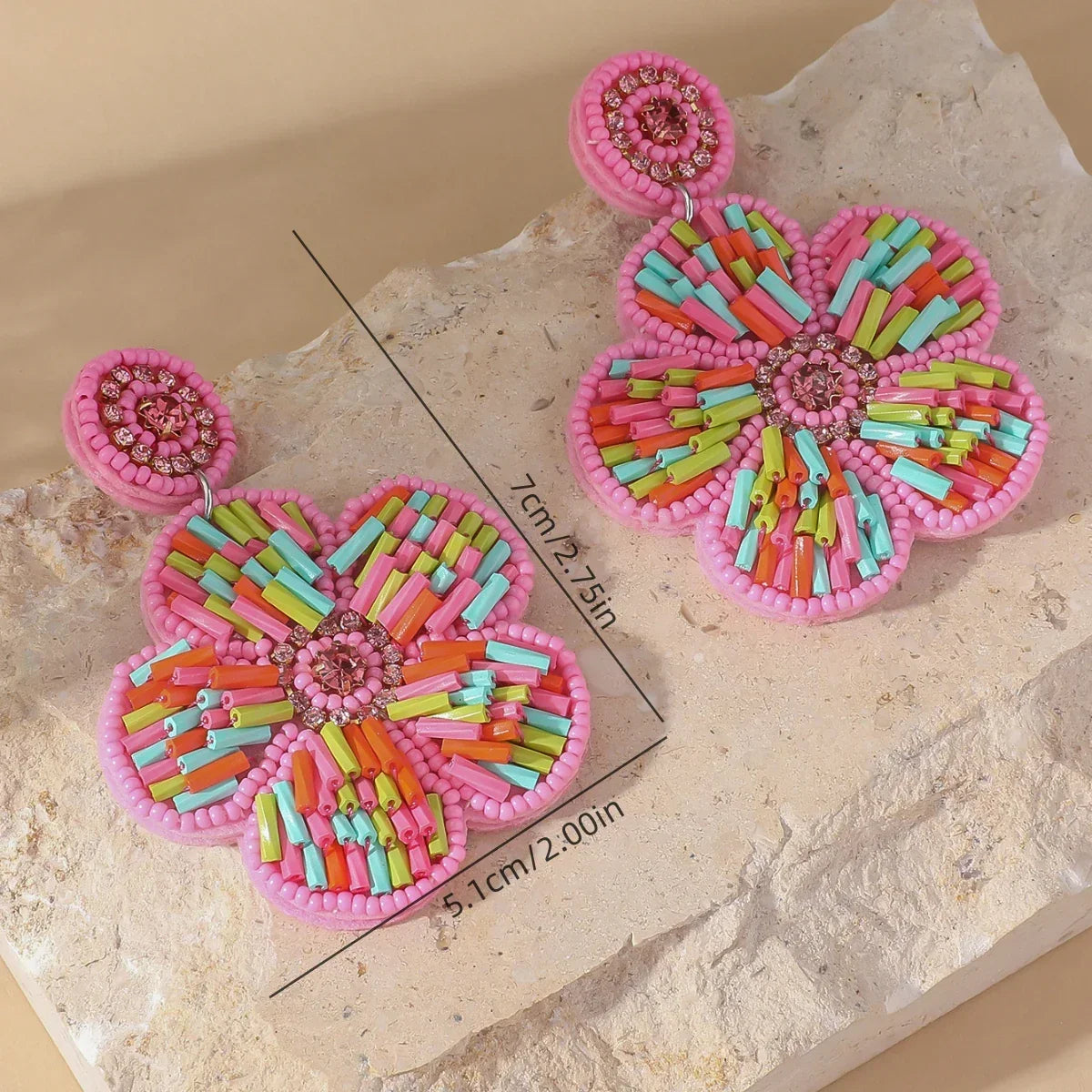 Bohemain Ethnic Handmade Pink Flower Seed Beads Earrings - Piña Colada
