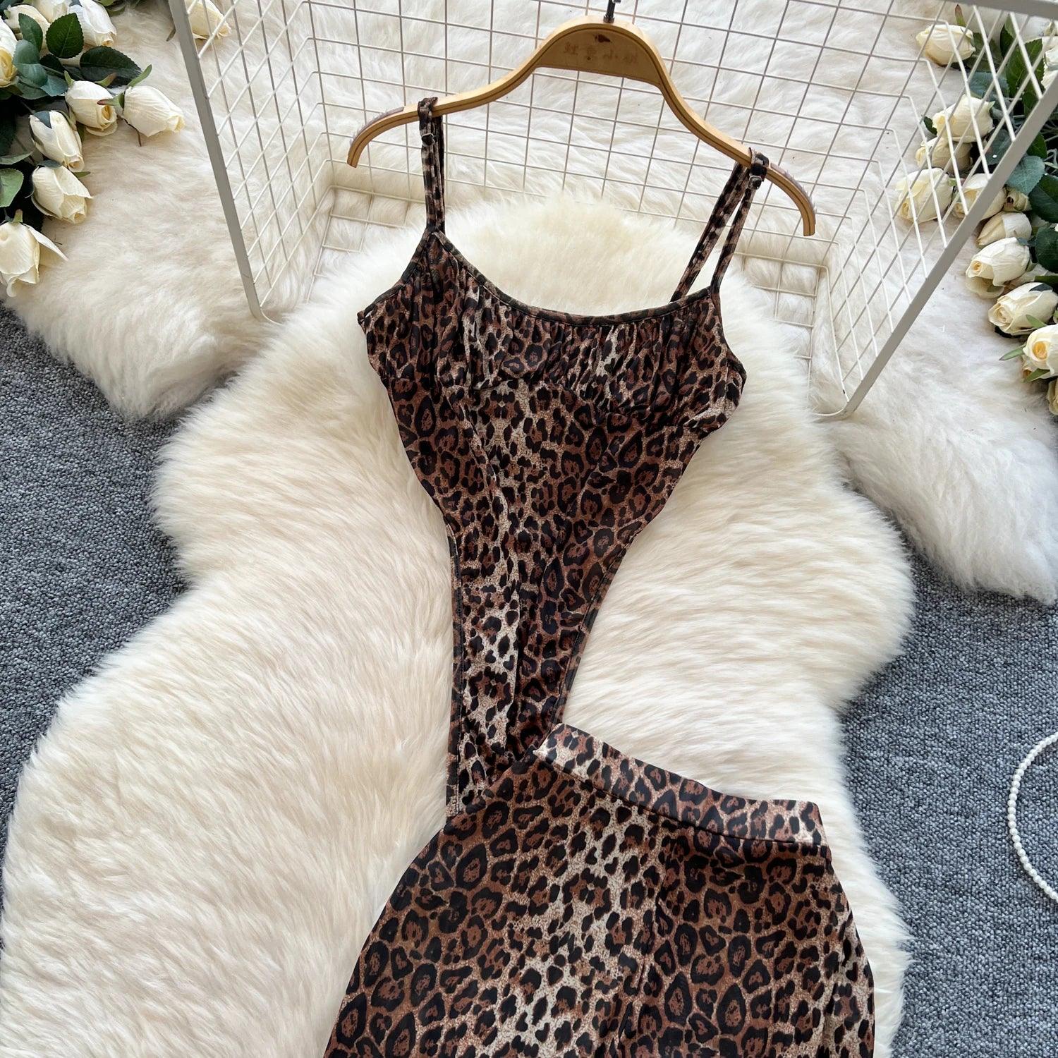 Leopard 2pcs Suits Women Tops+Elastic Waist Flared Pants - Piña Colada