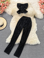 Rhinestone Slash Neck Crop Top & High Waist Pants Set - Piña Colada