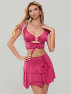 Velvet Crop Top & Mini Skirt Set Outfit - Piña Colada
