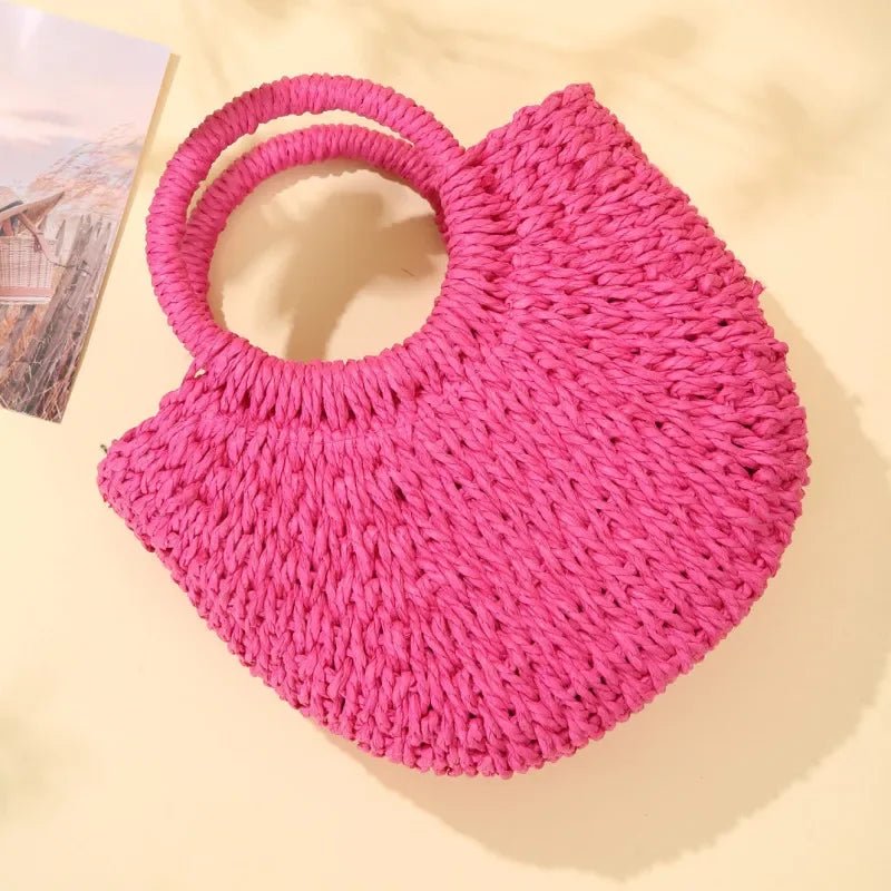 Straw Rattan Half-Moon Beach Handbag - Piña Colada