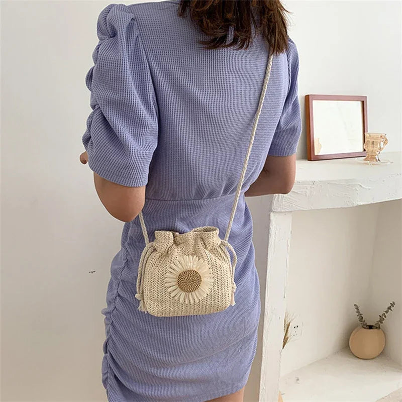 Straw Bag Handbag Knit Flower - Piña Colada