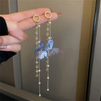 Zircon Crystal Pearls Long Tassel Butterfly Earrings - Piña Colada