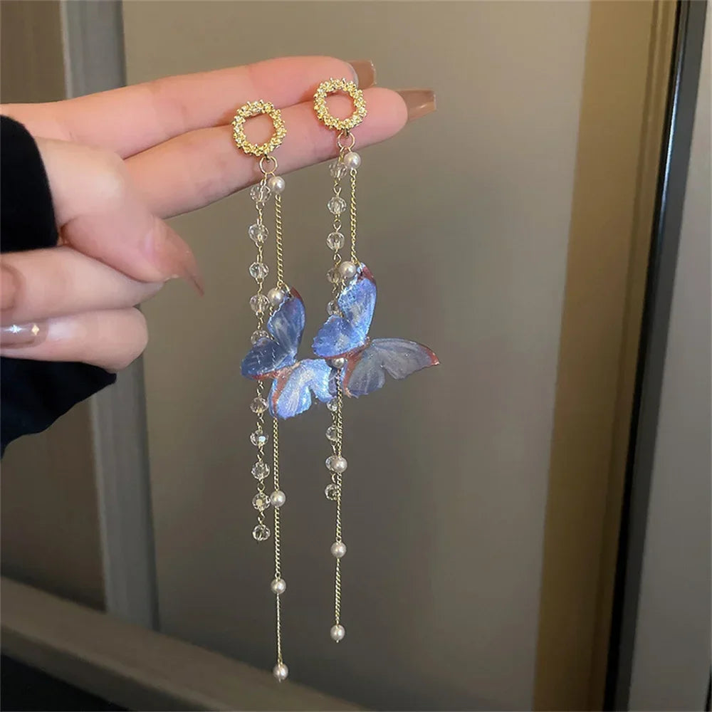 Zircon Crystal Pearls Long Tassel Butterfly Earrings - Piña Colada