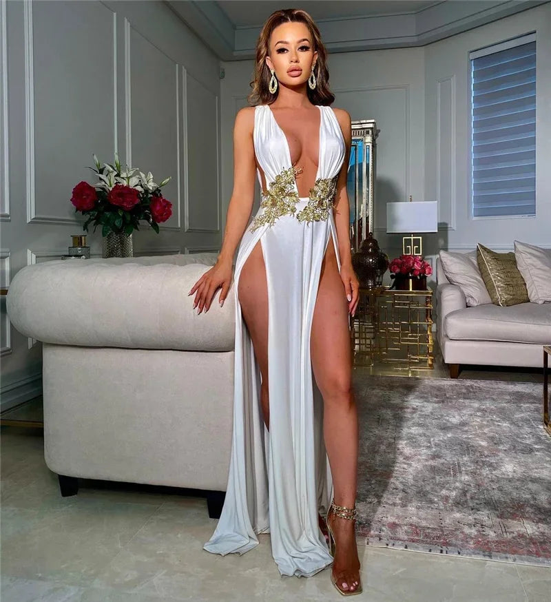 Elegant V-Neck Embroidered Maxi Dress - Piña Colada