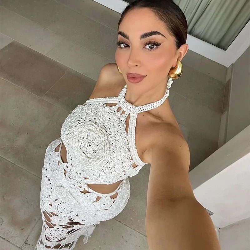 Crochet Halter Maxi Dress - Piña Colada