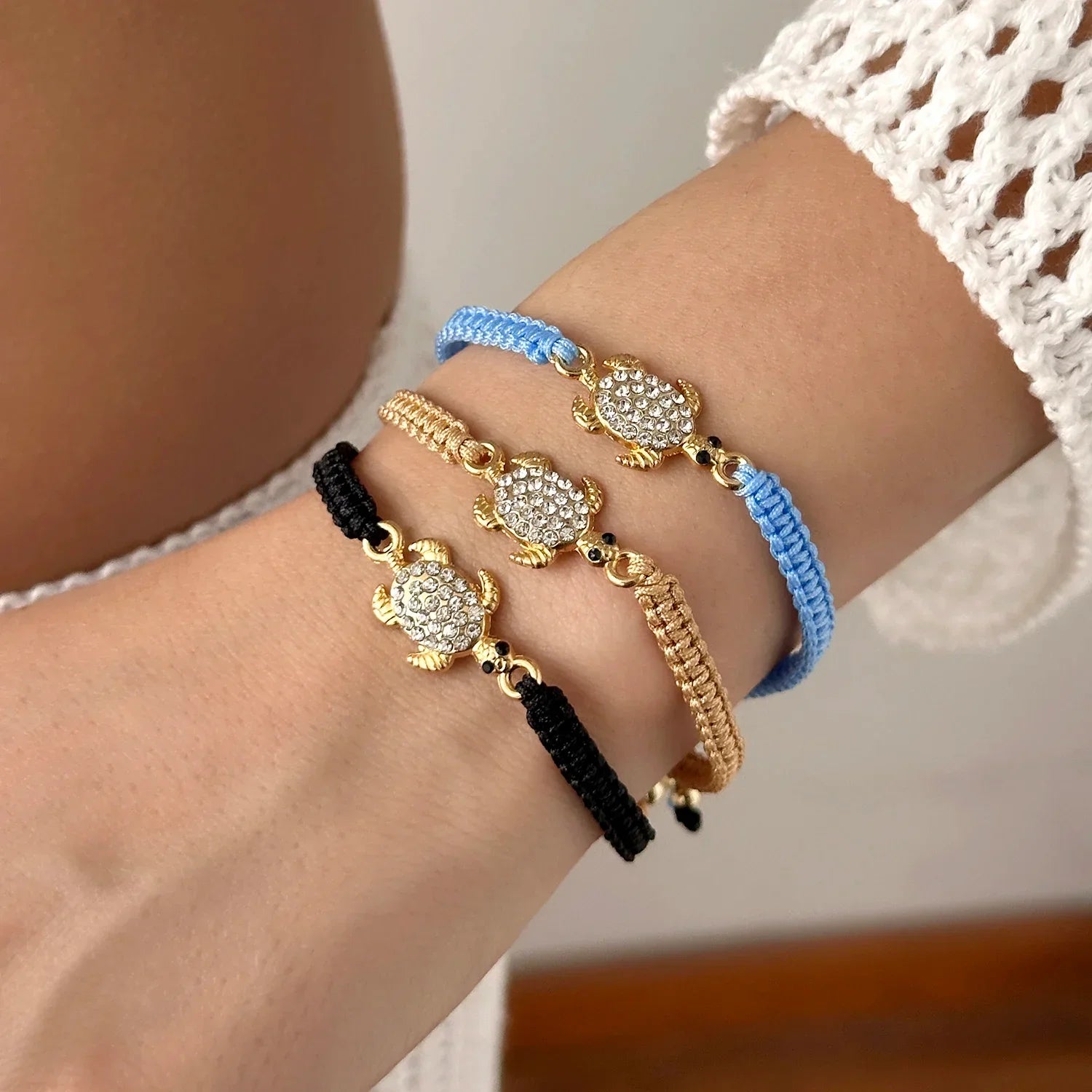 Bohemian Rhinestone Sea Turtle Woven Bracelet - Piña Colada