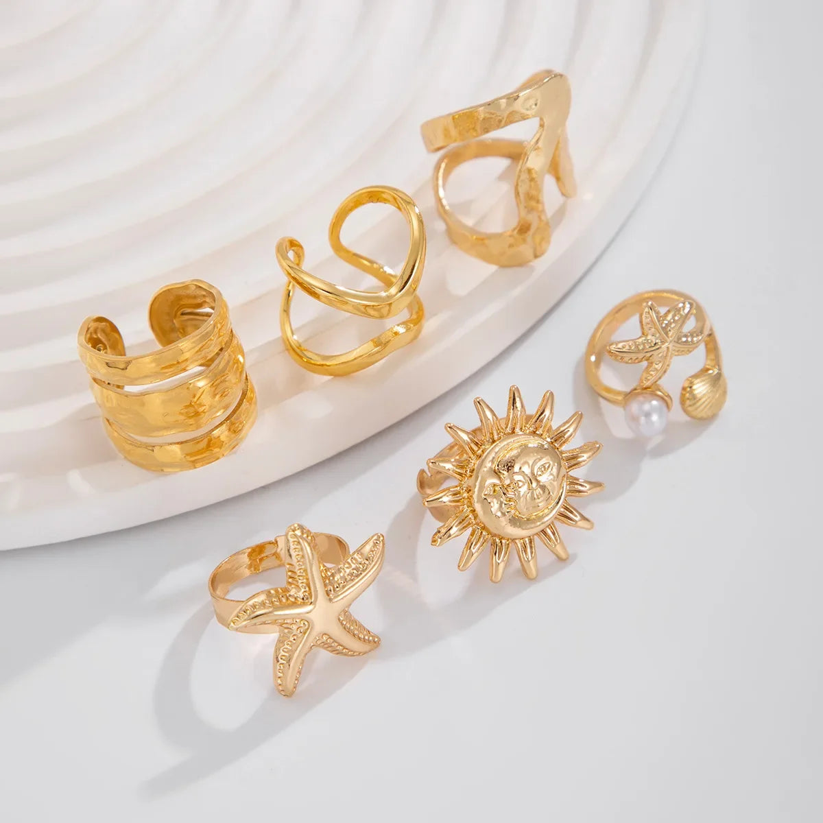 6Pcs/Set Vintage Sun Starfish Open Rings - Piña Colada