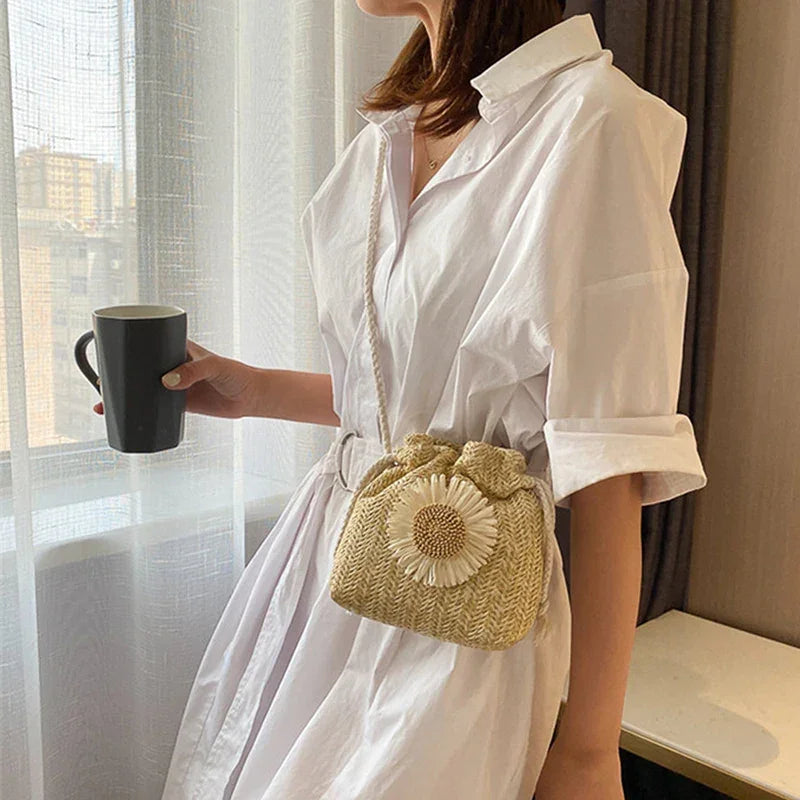 Straw Bag Handbag Knit Flower - Piña Colada