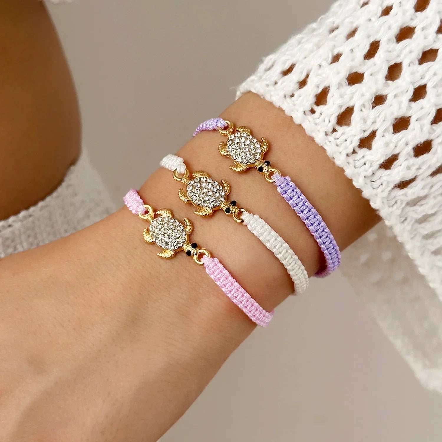 Bohemian Rhinestone Sea Turtle Woven Bracelet - Piña Colada