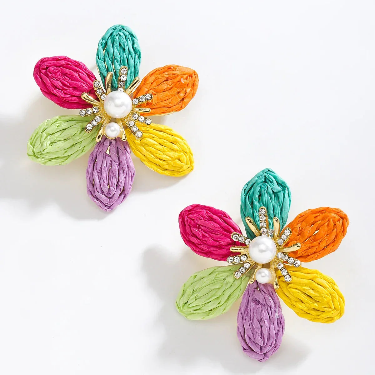 Bohemian Colorful Flower Drop Earrings – Handmade Rhinestone & Pearl Holiday Jewelry for Women - Piña Colada