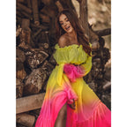 Off-Shoulder Ruffle Top & Slit Skirt Set - Piña Colada