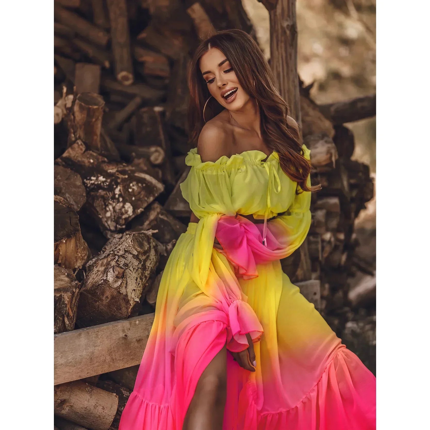 Off-Shoulder Ruffle Top & Slit Skirt Set - Piña Colada