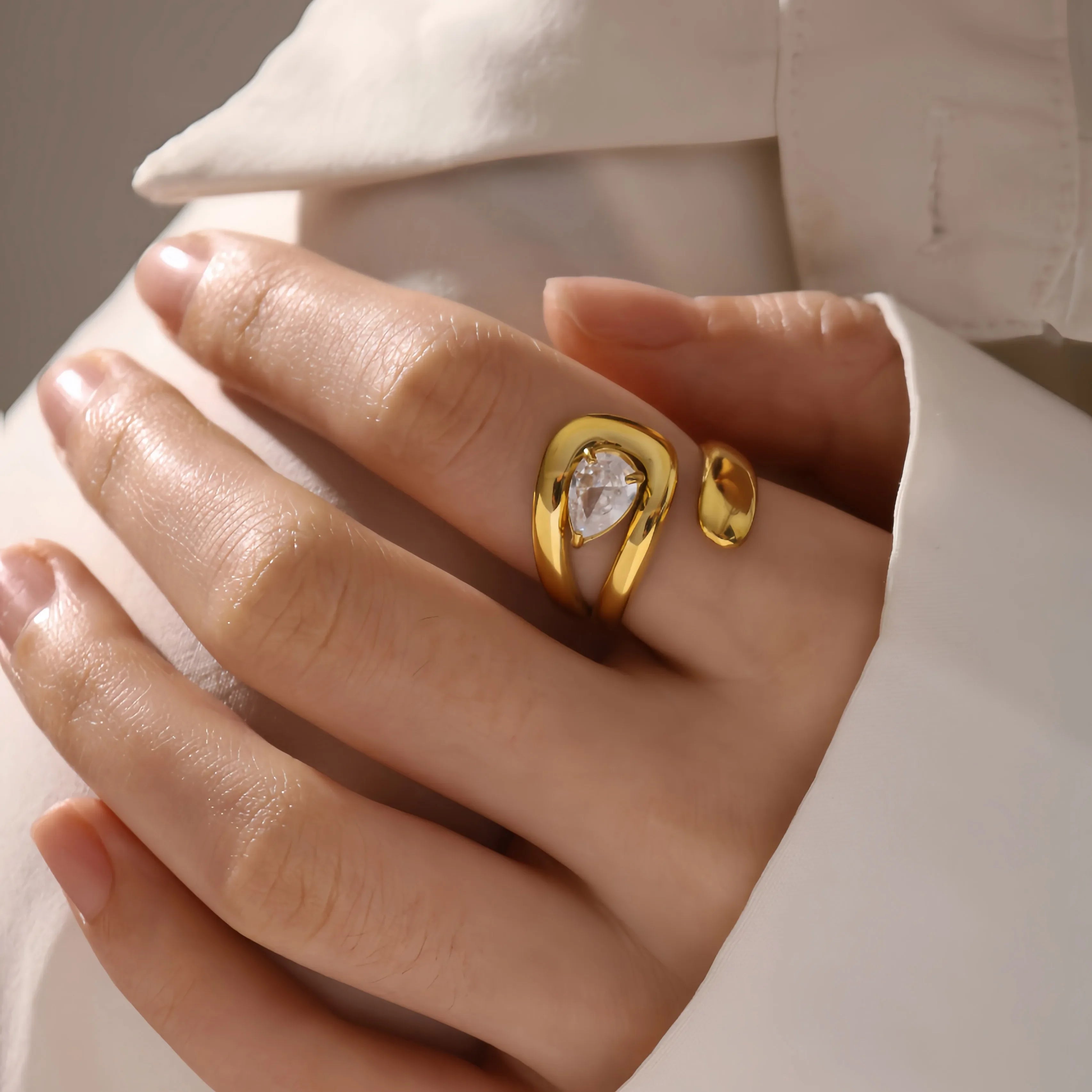 18K Gold Plated Geometric Ring – Waterproof Stainless Steel with Zircon Inlay - Piña Colada