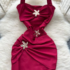 Halter Party Dress Sleeveless Metal 3D Flower - Piña Colada